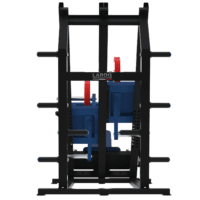 Presse à jambes inclinée 45° LAROQ . Châssis acier noir, traîneau guidé bleu avec plateforme antidérapante, siège rembourré réglable, porte-disques latéraux et disques bumper rouges, vue arrière.