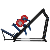 Presse à jambes inclinée 45° LAROQ . Châssis acier noir, traîneau guidé bleu avec plateforme antidérapante, siège rembourré réglable, porte-disques latéraux et disques bumper rouges, vue profil.