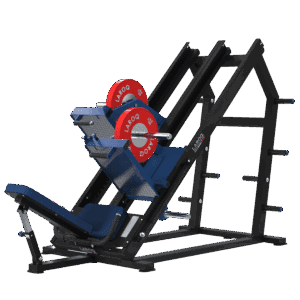 Presse à jambes inclinée 45° LAROQ . Châssis acier noir, traîneau guidé bleu avec plateforme antidérapante, siège rembourré réglable, porte-disques latéraux et disques bumper rouges, vue 3/4.