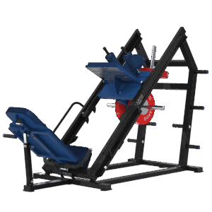 Presse à jambes inclinée 45° et hack squat LAROQ. Cadre acier noir, traîneau guidé avec plateforme antidérapante, siège rembourré réglable bleu, porte-disques latéraux et disques bumper rouges, vue 3/4.