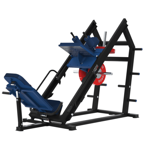 Presse à jambes inclinée 45° et hack squat LAROQ. Cadre acier noir, traîneau guidé avec plateforme antidérapante, siège rembourré réglable bleu, porte-disques latéraux et disques bumper rouges, vue 3/4.
