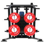 Station presse hack squat et leg press LAROQ. Châssis acier noir, dossier réglable bleu, large plateforme antidérapante en tôle damier, porte-disques latéraux avec disques bumper rouges et rails guidés, vue arrière