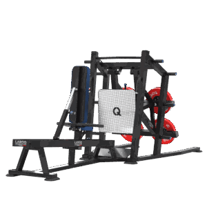 Station presse hack squat et leg press LAROQ. Châssis acier noir, dossier réglable bleu, large plateforme antidérapante en tôle damier, porte-disques latéraux avec disques bumper rouges et rails guidés, vue 3/4.