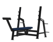 Banc de musculation LAROQ avec dossier et supports réglables pour barre, structure noire robuste et assise rembourrée bleue. Vue ¾