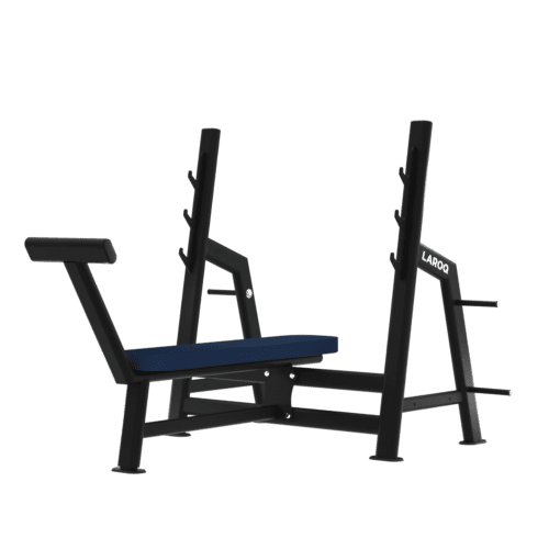 Banc de musculation LAROQ avec dossier et supports réglables pour barre, structure noire robuste et assise rembourrée bleue. Vue ¾