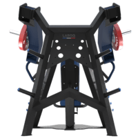 Machine de développé convergent à charge libre pour pectoraux et épaules. Cadre métallique noir, siège et dossier inclinés rembourrés bleu (logo Xtrem), bras articulés recouverts de panneaux bleus avec poignées ergonomiques, porte‑disques latéraux équipés de disques LAROQ 25 kg, supports de rangement de disques et base antidérapante. Marquage LAROQ visible sur l'assise. Vue arrière