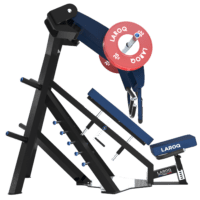 Machine de développé convergent à charge libre pour pectoraux et épaules. Cadre métallique noir, siège et dossier inclinés rembourrés bleu (logo Xtrem), bras articulés recouverts de panneaux bleus avec poignées ergonomiques, porte‑disques latéraux équipés de disques LAROQ 25 kg, supports de rangement de disques et base antidérapante. Marquage LAROQ visible sur l'assise. Vue profil