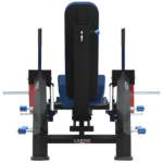 Appareil combiné extension et curl des jambes XTREM LAROQ; Châssis acier noir, siège et coussins rembourrés bleus, rouleaux de cheville et leviers articulés, porte-disques latéraux avec disques bumper rouges 25 kg, vue arrière