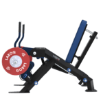 Appareil combiné extension et curl des jambes XTREM LAROQ; Châssis acier noir, siège et coussins rembourrés bleus, rouleaux de cheville et leviers articulés, porte-disques latéraux avec disques bumper rouges 25 kg, vue profil