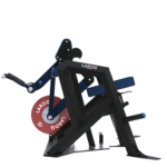 Machine isolateur biceps XTREM LAROQ bleu et noir. Repose-bras incliné rembourré, siège réglable, poignée de préhension et support pour disques bumper 25 kg, vue profil
