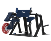 Machine isolateur biceps XTREM LAROQ bleu et noir. Repose-bras incliné rembourré, siège réglable, poignée de préhension et support pour disques bumper 25 kg, vue 3/4.