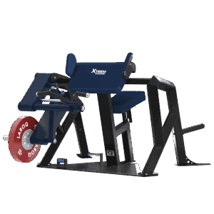 Machine isolateur biceps XTREM LAROQ bleu et noir. Repose-bras incliné rembourré, siège réglable, poignée de préhension et support pour disques bumper 25 kg, vue 3/4.