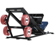 Presse à jambes inclinée 45° à charge libre. Traîneau guidé avec grande plaque de poussée et siège incliné rembourré bleu, châssis en acier noir doté d'une structure hexagonale servant de rangement pour disques, plusieurs porte‑disques latéraux chargés de disques LAROQ 25 kg et base stable pour usage intensif. Vue ¾