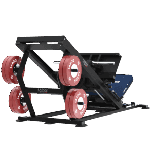 Presse à jambes inclinée 45° à charge libre. Traîneau guidé avec grande plaque de poussée et siège incliné rembourré bleu, châssis en acier noir doté d'une structure hexagonale servant de rangement pour disques, plusieurs porte‑disques latéraux chargés de disques LAROQ 25 kg et base stable pour usage intensif. Vue ¾