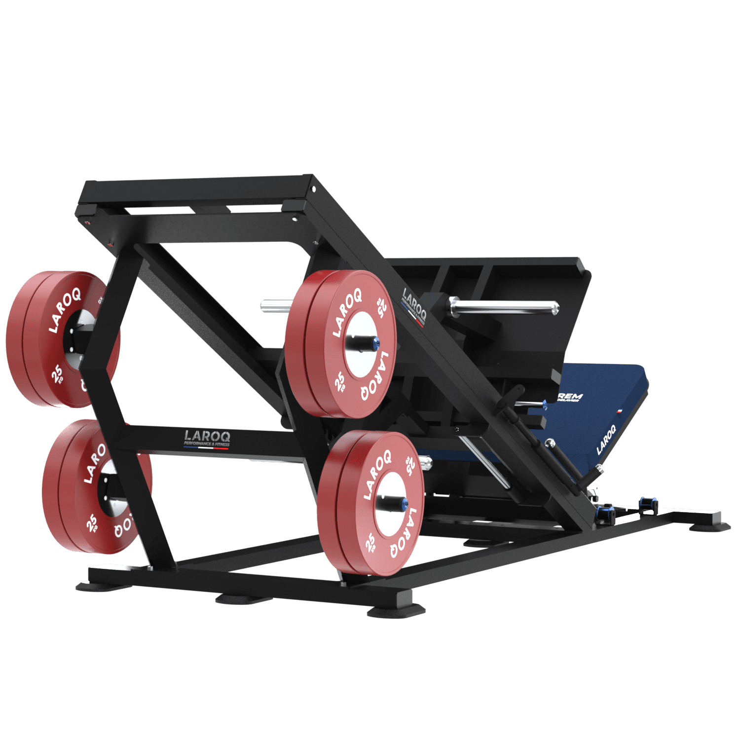 Presse à jambes inclinée 45° à charge libre. Traîneau guidé avec grande plaque de poussée et siège incliné rembourré bleu, châssis en acier noir doté d'une structure hexagonale servant de rangement pour disques, plusieurs porte‑disques latéraux chargés de disques LAROQ 25 kg et base stable pour usage intensif. Vue ¾