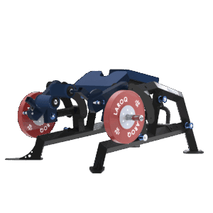 Machine leg curl couché LAROQ. Châssis acier noir, coussin de poitrine et rouleaux de cheville rembourrés bleus, leviers articulés et supports latéraux pour disques bumper rouges 25 kg, vue 3/4.