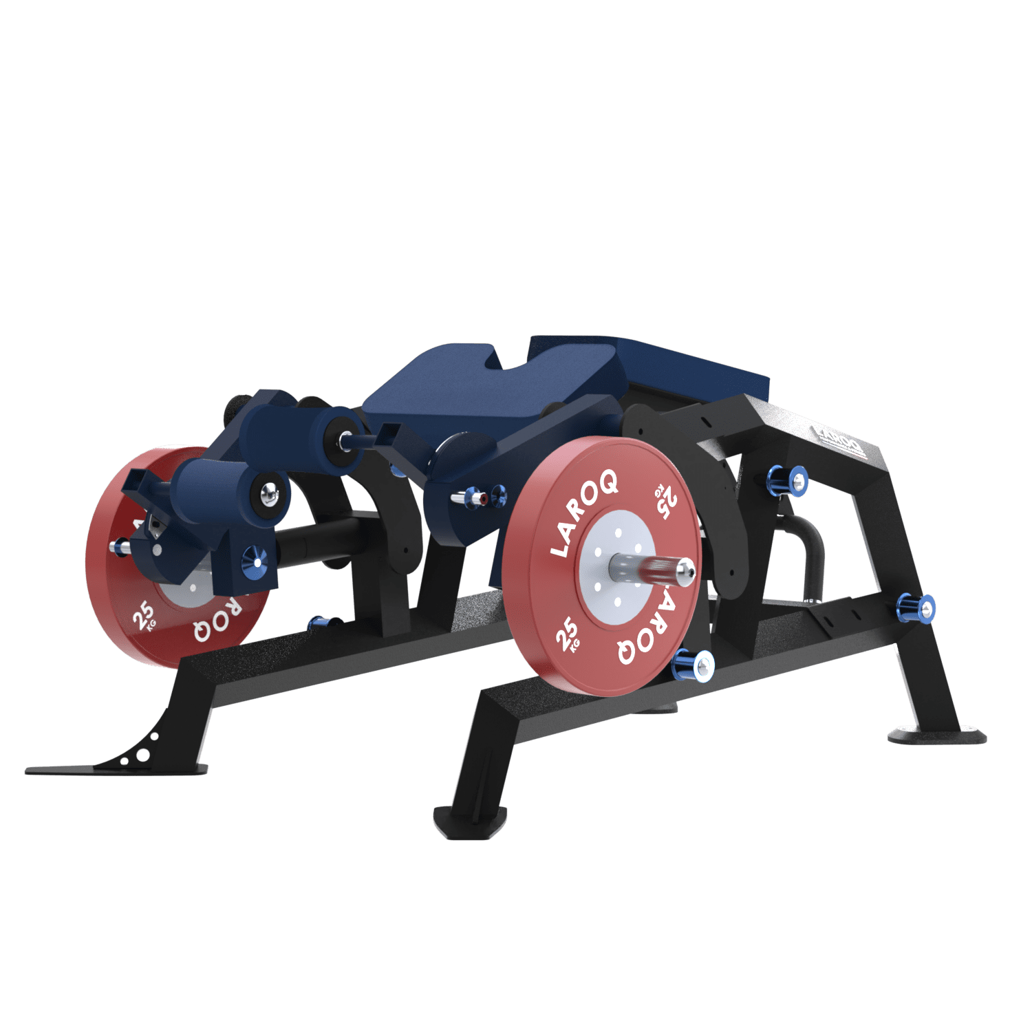 Machine leg curl couché LAROQ. Châssis acier noir, coussin de poitrine et rouleaux de cheville rembourrés bleus, leviers articulés et supports latéraux pour disques bumper rouges 25 kg, vue 3/4.