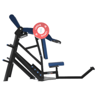 Appareil de musculation assise XTREM par LAROQ pour développé. Cadre en acier noir, siège et dossier bleu rembourrés, poignées incurvées, supports pour barres et disques rouges LAROQ, et rangement latéral pour poids. Vue profil