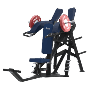 Appareil de musculation assise XTREM par LAROQ pour développé. Cadre en acier noir, siège et dossier bleu rembourrés, poignées incurvées, supports pour barres et disques rouges LAROQ, et rangement latéral pour poids. Vue ¾