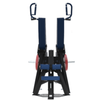 Machine de développé assis XTREM par LAROQ — cadre acier noir, dossier et assise bleu marine, bras articulés avec poignées et disques rouges LAROQ. Vue arrière