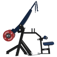 Machine de développé assis XTREM par LAROQ — cadre acier noir, dossier et assise bleu marine, bras articulés avec poignées et disques rouges LAROQ. Vue profil