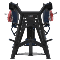 Pectoraux Horizontal Convergent by Delavier _ BXT51 Machine de développé assis convergent à charge libre conçue pour l'entraînement des pectoraux. Cadre métallique noir, siège et dossier inclinés rembourrés en bleu, bras articulés munis de poignées ergonomiques, porte‑disques latéraux chargés de disques rouges LAROQ 25 kg, supports pour rangement de disques et base antidérapante pour une position stable. Vue arrière