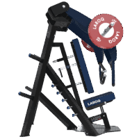 Pectoraux Horizontal Convergent by Delavier _ BXT51 Machine de développé assis convergent à charge libre conçue pour l'entraînement des pectoraux. Cadre métallique noir, siège et dossier inclinés rembourrés en bleu, bras articulés munis de poignées ergonomiques, porte‑disques latéraux chargés de disques rouges LAROQ 25 kg, supports pour rangement de disques et base antidérapante pour une position stable. Vue profil