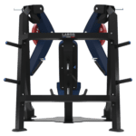 Machine de développé incliné conçue pour l'entraînement des pectoraux. Cadre tubulaire noir, siège et dossier inclinés rembourrés en bleu, bras articulés avec poignées, porte‑disques latéraux comportant des disques rouges LAROQ 25 kg, base stable et surface antidérapante. Vue arrière