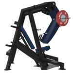 Machine de développé incliné conçue pour l'entraînement des pectoraux. Cadre tubulaire noir, siège et dossier inclinés rembourrés en bleu, bras articulés avec poignées, porte‑disques latéraux comportant des disques rouges LAROQ 25 kg, base stable et surface antidérapante. Vue profil