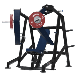 Machine de développé incliné conçue pour l'entraînement des pectoraux. Cadre tubulaire noir, siège et dossier inclinés rembourrés en bleu, bras articulés avec poignées, porte‑disques latéraux comportant des disques rouges LAROQ 25 kg, base stable et surface antidérapante. Vue ¾