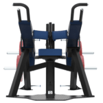 Dips triceps by Delavier - BXT53 Appareil de tirage/rowing LAROQ bleu et noir. Siège rembourré réglable, leviers articulés avec poignées, rouleaux rembourrés pour maintien, supports latéraux pour disques bumper rouges. Vue arrière