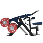 Dips triceps by Delavier - BXT53 Appareil de tirage/rowing LAROQ bleu et noir. Siège rembourré réglable, leviers articulés avec poignées, rouleaux rembourrés pour maintien, supports latéraux pour disques bumper rouges. Vue profil