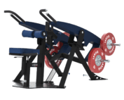 Appareil de tirage/rowing LAROQ bleu et noir. Siège rembourré réglable, leviers articulés avec poignées, rouleaux rembourrés pour maintien, supports latéraux pour disques bumper rouges. Vue 3/4