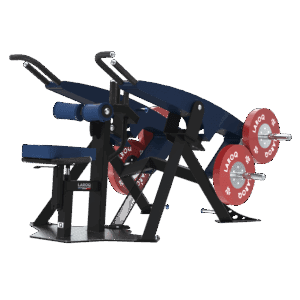 Appareil de tirage/rowing LAROQ bleu et noir. Siège rembourré réglable, leviers articulés avec poignées, rouleaux rembourrés pour maintien, supports latéraux pour disques bumper rouges. Vue 3/4