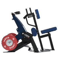 Machine de développé assis XTREM par LAROQ — cadre acier noir, siège et dossier rembourrés bleu marine, poignées ergonomiques et disques rouges LAROQ. vue 3/4 profil