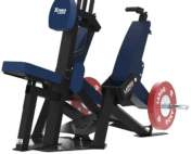 Machine de développé assis XTREM par LAROQ — cadre acier noir, siège et dossier rembourrés bleu marine, poignées ergonomiques et disques rouges LAROQ. vue 3/4 arrière