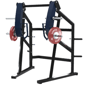 Machine de développé vertical à charge libre (levier) conçue pour l'entraînement des épaules et du haut du corps. Cadre métallique noir, bras articulés recouverts de panneaux bleus, poignées ergonomiques en U, porte‑disques latéraux chargés de disques rouges LAROQ 25 kg, supports de rangement de disques intégrés et base stable. Vue ¾