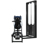 Appareil combiné extension/curl des jambes LAROQ. Châssis acier noir, siège et rouleaux rembourrés bleus, plate-forme réglable, câbles et poulies reliés à une pile de poids avec sélecteur, vue arrière