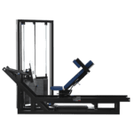 Appareil combiné extension/curl des jambes LAROQ. Châssis acier noir, siège et rouleaux rembourrés bleus, plate-forme réglable, câbles et poulies reliés à une pile de poids avec sélecteur, vue profil