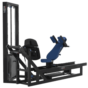 Appareil combiné extension/curl des jambes LAROQ. Châssis acier noir, siège et rouleaux rembourrés bleus, plate-forme réglable, câbles et poulies reliés à une pile de poids avec sélecteur, vue 3/4.