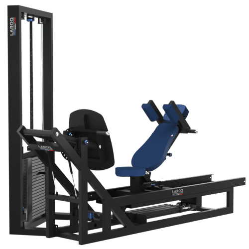 Appareil combiné extension/curl des jambes LAROQ. Châssis acier noir, siège et rouleaux rembourrés bleus, plate-forme réglable, câbles et poulies reliés à une pile de poids avec sélecteur, vue 3/4.