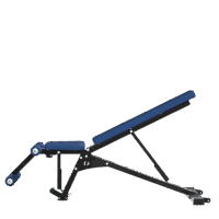 Banc de musculation réglable vu de profil avec dossier incliné et assise rembourrée bleue, châssis métallique noir, rouleaux de mousse bleue pour appui des jambes et repères d'ajustement.