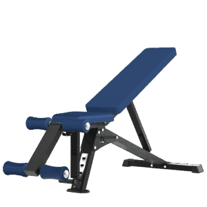 Banc de musculation réglable vu de ¾ avec dossier incliné et assise rembourrée bleue, châssis métallique noir, rouleaux de mousse bleue pour appui des jambes et repères d'ajustement.