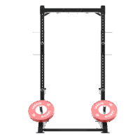 Structure de squat, développé couché ou autres, à deux montants noirs avec barre de traction supérieure, supports J bleus, deux supports de barre, deux axes de rangement de disques, disques bumper rouges de diamètre 51. Vue de l'arrière