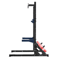 Structure de squat, développé couché ou autres, à deux montants noirs avec barre de traction supérieure, supports J bleus, deux supports de barre, deux axes de rangement de disques, disques bumper rouges de diamètre 51. Vue de profil
