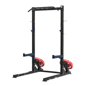 Structure de squat, développé couché ou autres, à deux montants noirs avec barre de traction supérieure, supports J bleus, deux supports de barre, deux axes de rangement de disques, disques bumper rouges de diamètre 51. Vue de ¾