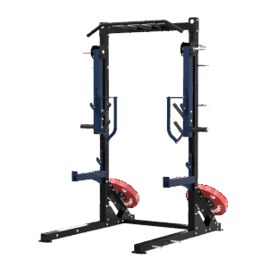 Structure de squat, développé couché et jammer ou autres, à deux montants noirs avec deux bras de jammer, barre de traction supérieure, supports J bleus, deux supports de barre, deux axes de rangement de disques, disques bumper rouges de diamètre 51. Vue de ¾