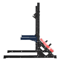 Structure noire avec des supports à élastiques, deux montants verticaux avec supports de barre bleus et disques bumper rouges sur axes de diamètre 51. Vue de profil