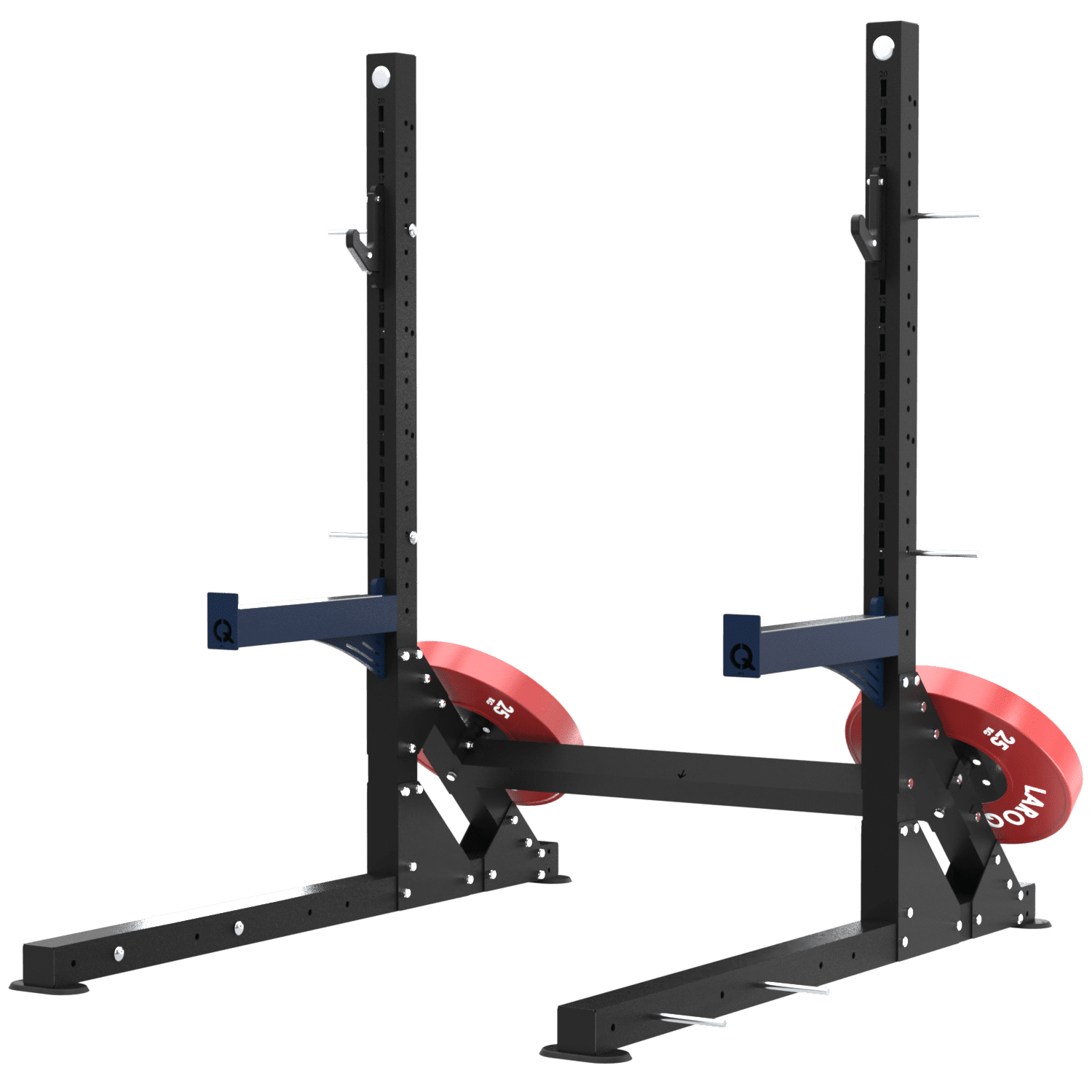 Structure noire avec des supports à élastiques, deux montants verticaux avec supports de barre bleus et disques bumper rouges sur axes de diamètre 51. Vue de ¾