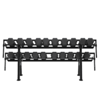 Râtelier noir à deux niveaux rempli d'haltères hexagonaux noirs alignés sur des barres, structure tubulaire inclinée avec pieds évasés et supports latéraux visibles sur fond gris uni.